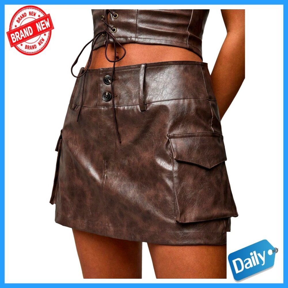 PU Leather Cargo Skirt Low Waist Mini A-Line Flap Pockets Retro